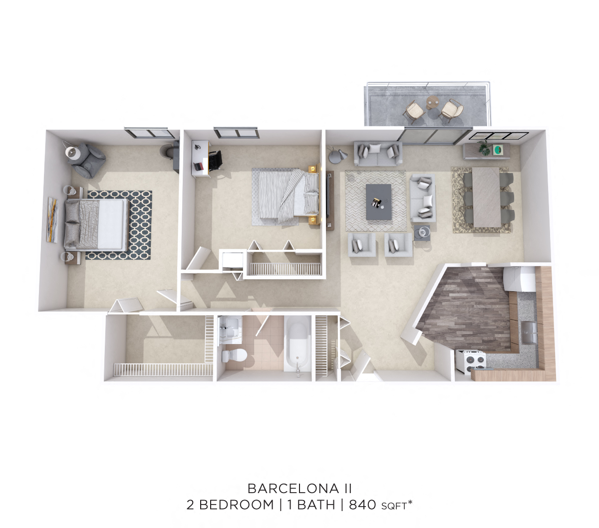Floor plan for 2 beds, 1 bath, 840 sqft